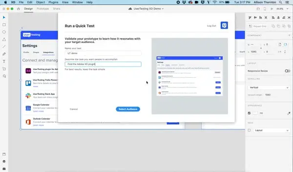Panel de control de Usertesting quick answer para la creacion de diseños directamente con Adobe XD