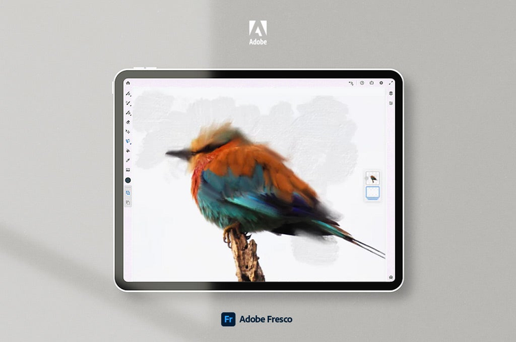 Ilustracion de un ave de colores posando sobre una rama de arbol, Adobe Fresco