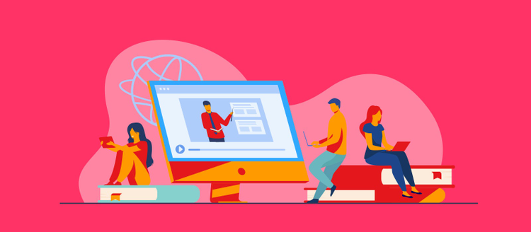 ilustracion de la pantalla de un computador con un profesor explicando un curso de diseño a 3 alumnos sentados sobre unos libros