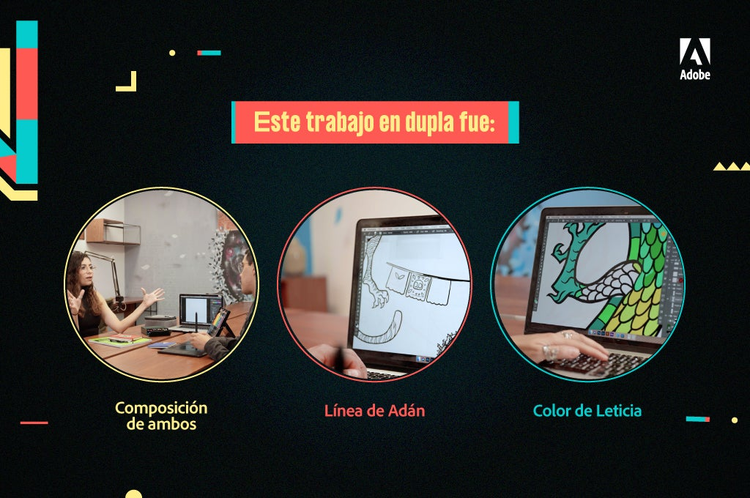 Descripcion del trabajo creativo en dupla, compilado de tres imagenes, pareja de artistas latinoamericanos y bocetos hechos a computador