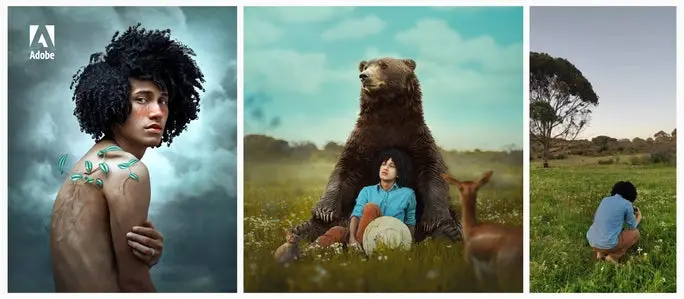 3 imagenes una en la primera Ronny Garcia en la segunda ronny sentado en un paisaje y detras de el un oso grizzly en la tercera ronny tomando una fotografia