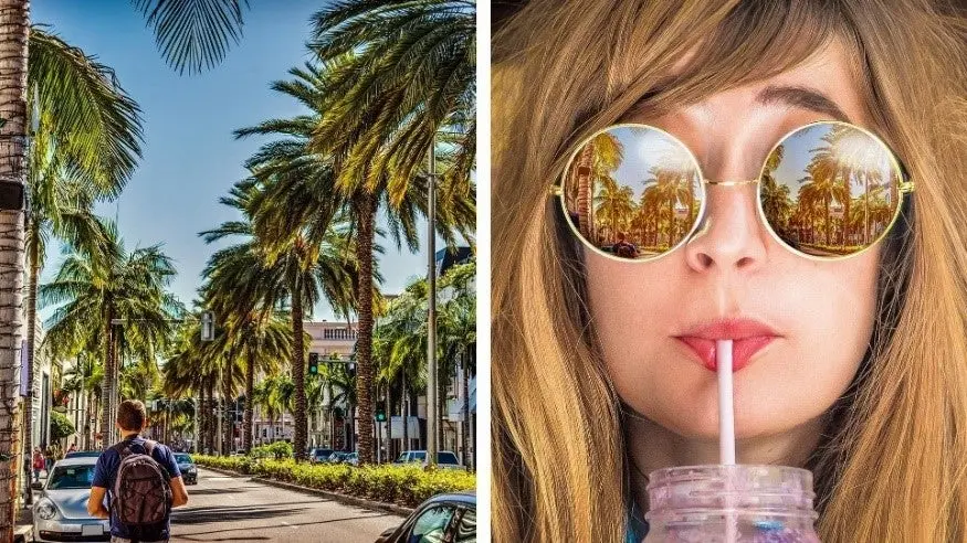Side by side image of a man wearing a backpack and of a woman wearing sunglasses drinking out of a straw. 