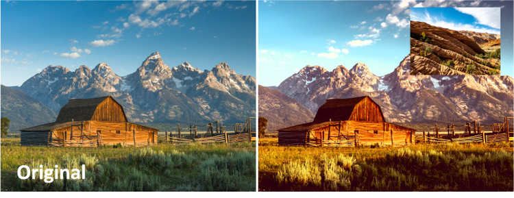 Dos fotos comparadas. Un paisaje con montañas y una cabaña, al lado izquierdo está la foto original, al lado derecho está la foto editada con el color de otra foto de referencia