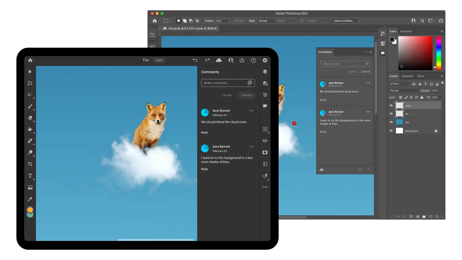 Interfaz de Photoshop que muestra cómo se puede compartir un archivo a través de un link, contiene una foto de un zorro sobre una nube con un fondo azul