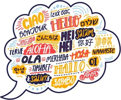 Ilustración de un globo de diálogo con la palabra “hola” en diferentes idiomas