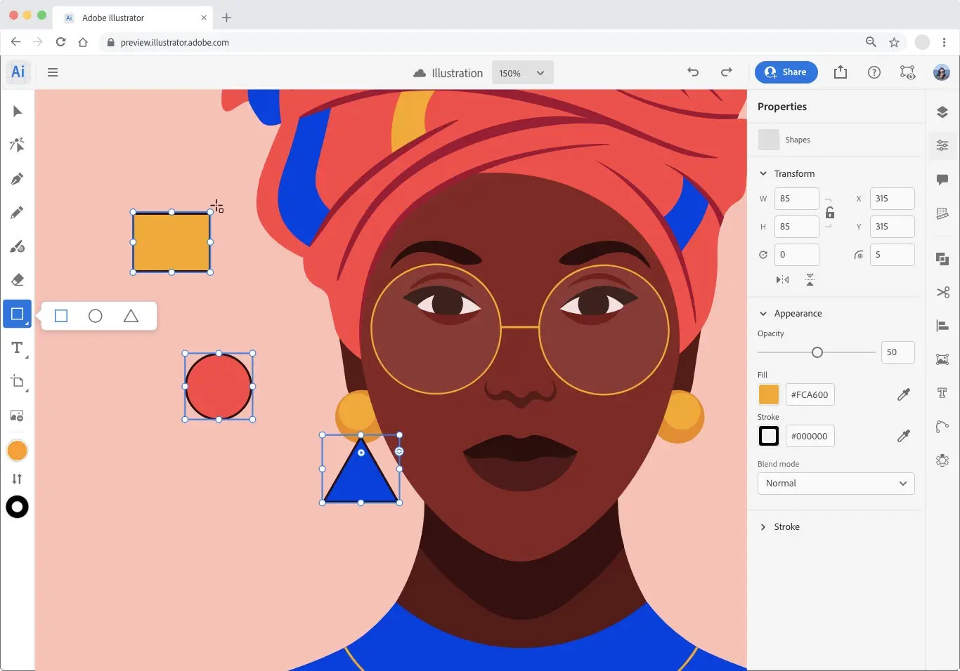 Interfaz de Adobe Illustrator en la web con una ilustración vectorial de una mujer  con gafas y turbante, un rectángulo amarillo, un círculo rojo y un triángulo azul