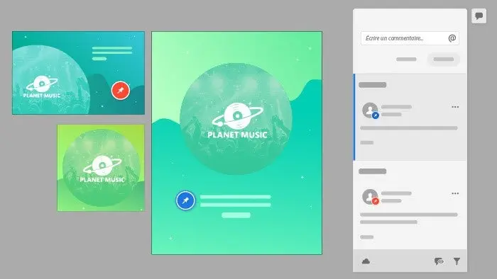 Interfaz de Adobe Illustrator con la sección de comentarios con ilustraciones vectoriales de unos planetas y el texto planet music