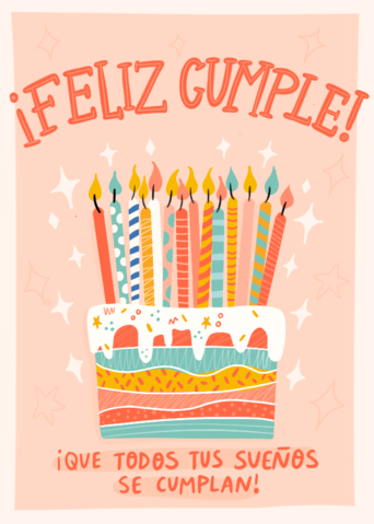 Tarjeta de cumpleaños con la ilustracion de un pastel con velas de diferentes colres y fondo de color rosa claro
