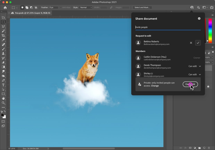 mesa de trabajo en Adobe Photoshop en ejecucion la imagen de un zorro sobre una nube