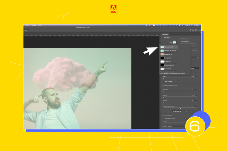 ilustracion de un hombre en la interfaz de photoshop con los brazos levantados sobre el una nube de color rosa