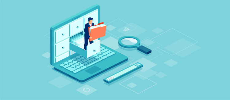 ilustracion de un computador portatil con un joven sobresaliendo de su pantalla cargando una carpeta de archivos