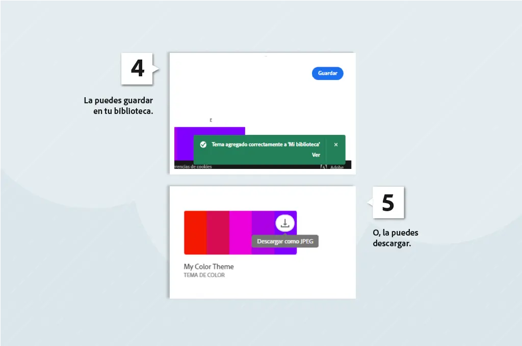 screenshot de adobe color con la paleta de color y sus valores