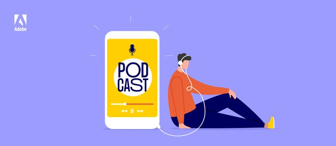 Ilustracion deun joven sobre un celular esuchando como hacer un podcast 