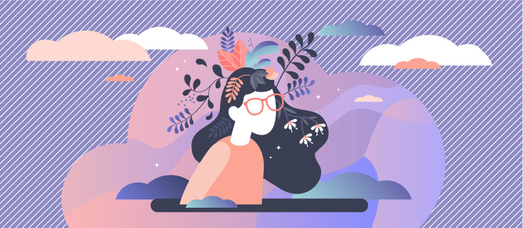 ulistracion de una mujer con plantas sobre su cabeza mirando hacia el orizonte pensando en como superar la ansiedad creativa