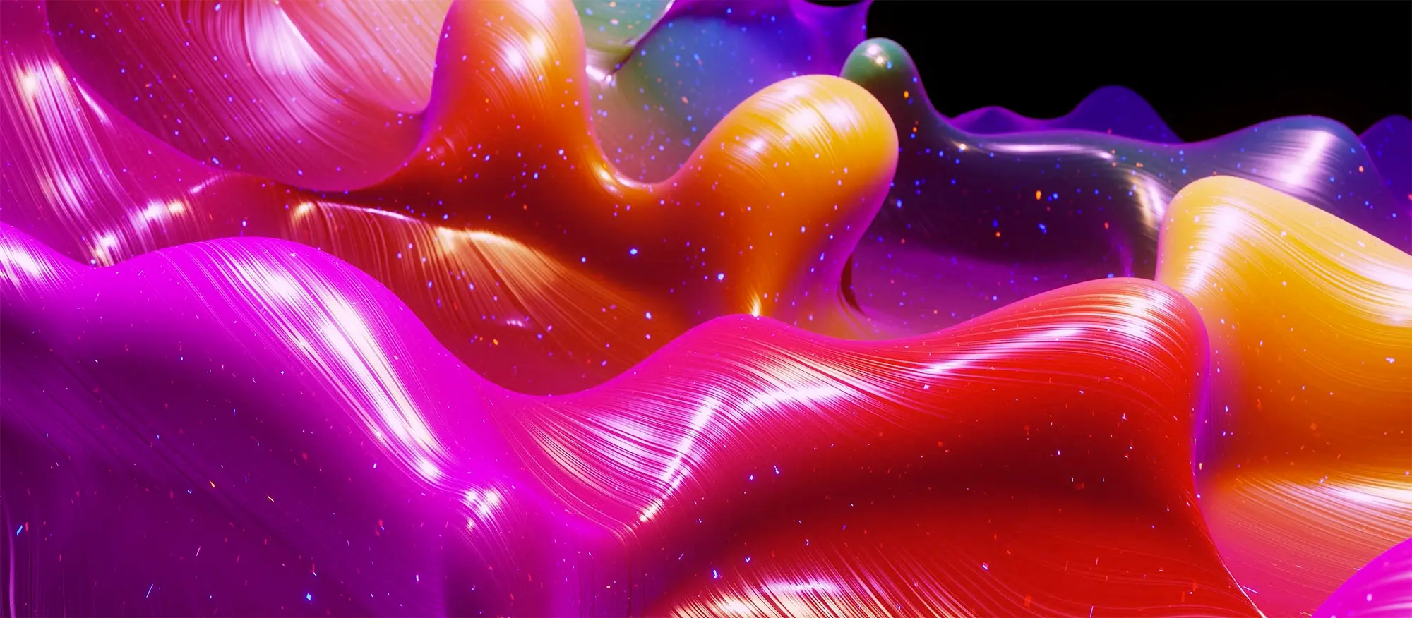 Imagen de animación abstracta suave del color del arcoiris del gradiente líquido. Superficie de pintura brillante como fondo festivo abstracto. Brillos en el líquido viscoso con salpicaduras 3d en la superficie como gotas.