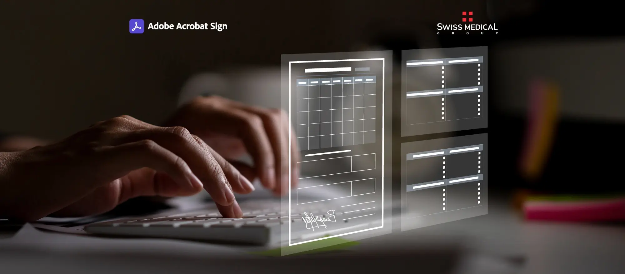 ventanas en holograma frente a una mano y un teclado realizando planificacion y organizacion