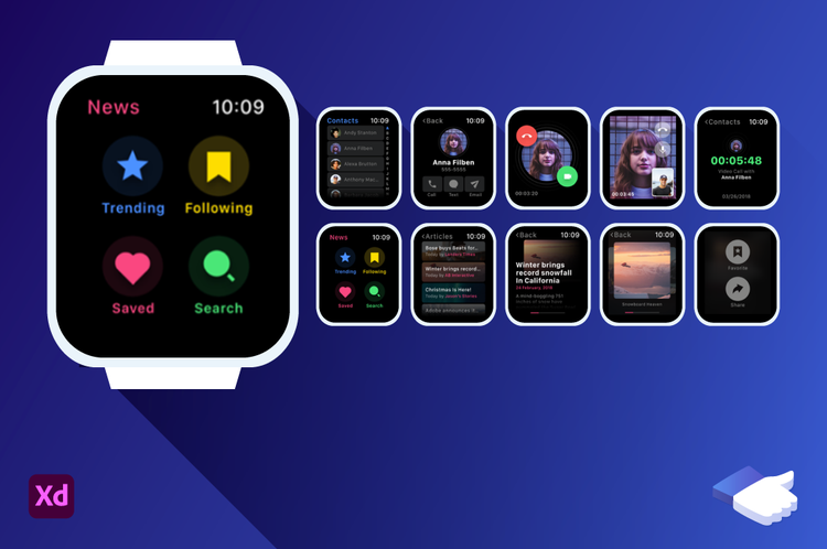 Imagen con varias interfaces de un smartwatch como UI kit tool