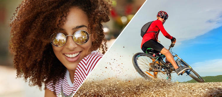 A split picture containing a woman with sunglasses on and a man on a outdoors.
