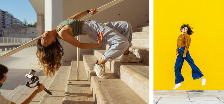 ideografo grabando a una bailarina en las escaleras mujer joven divirtiendose al aire libre saltando y bailando fondo pared amarilla