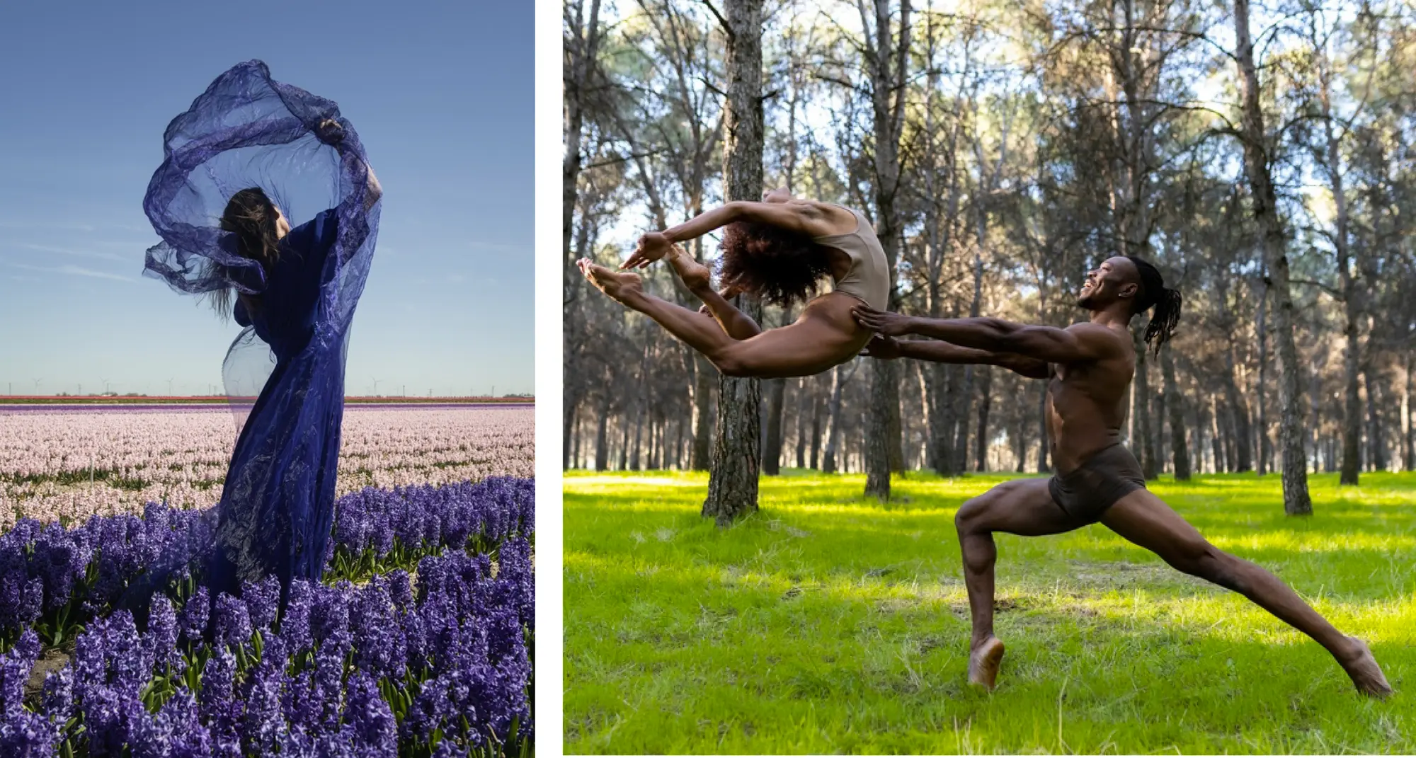 Mujer con vestido azul bailando en un campo de flores de jacinto purpura en Holanda dos bailarines profesionales actuando en ropa interior en medio del bosque