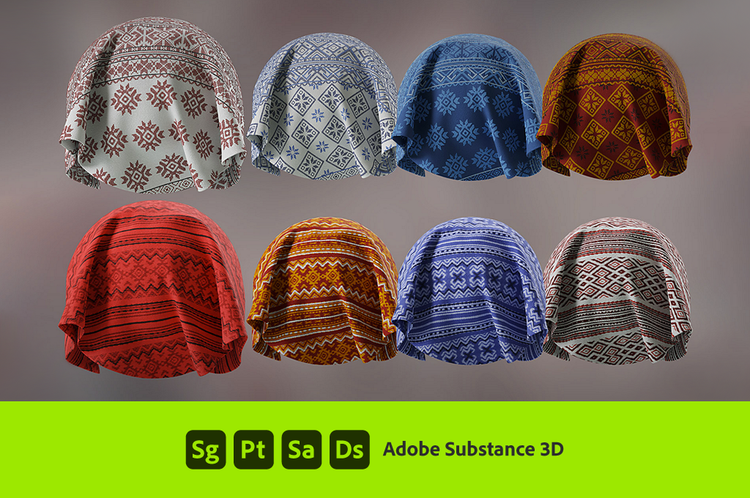 Imagen en 3D de telas de diferentes colores y patrones en un fondo gris