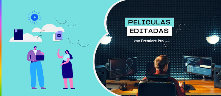 Fotografía de un hombre en su escritorio con dos pantallas editando un un proyecto audiovisual con Adobe Premiere Pro