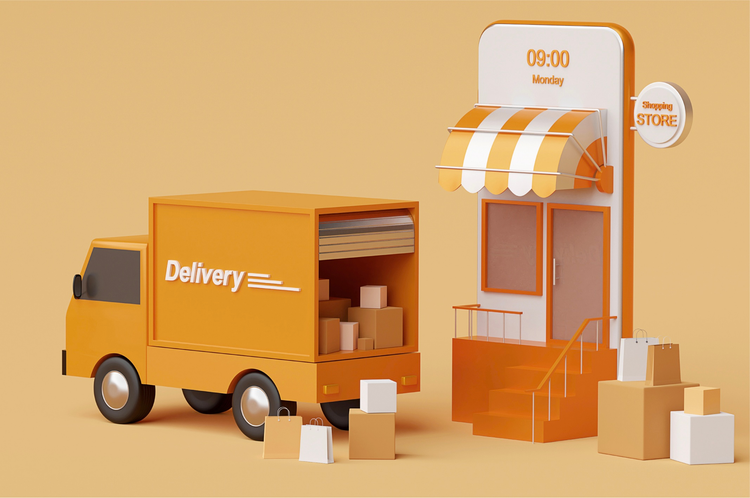 Imagen en 3D de un camión de de envíos, cajas y la entrada de una tienda sobre fondo color naranja