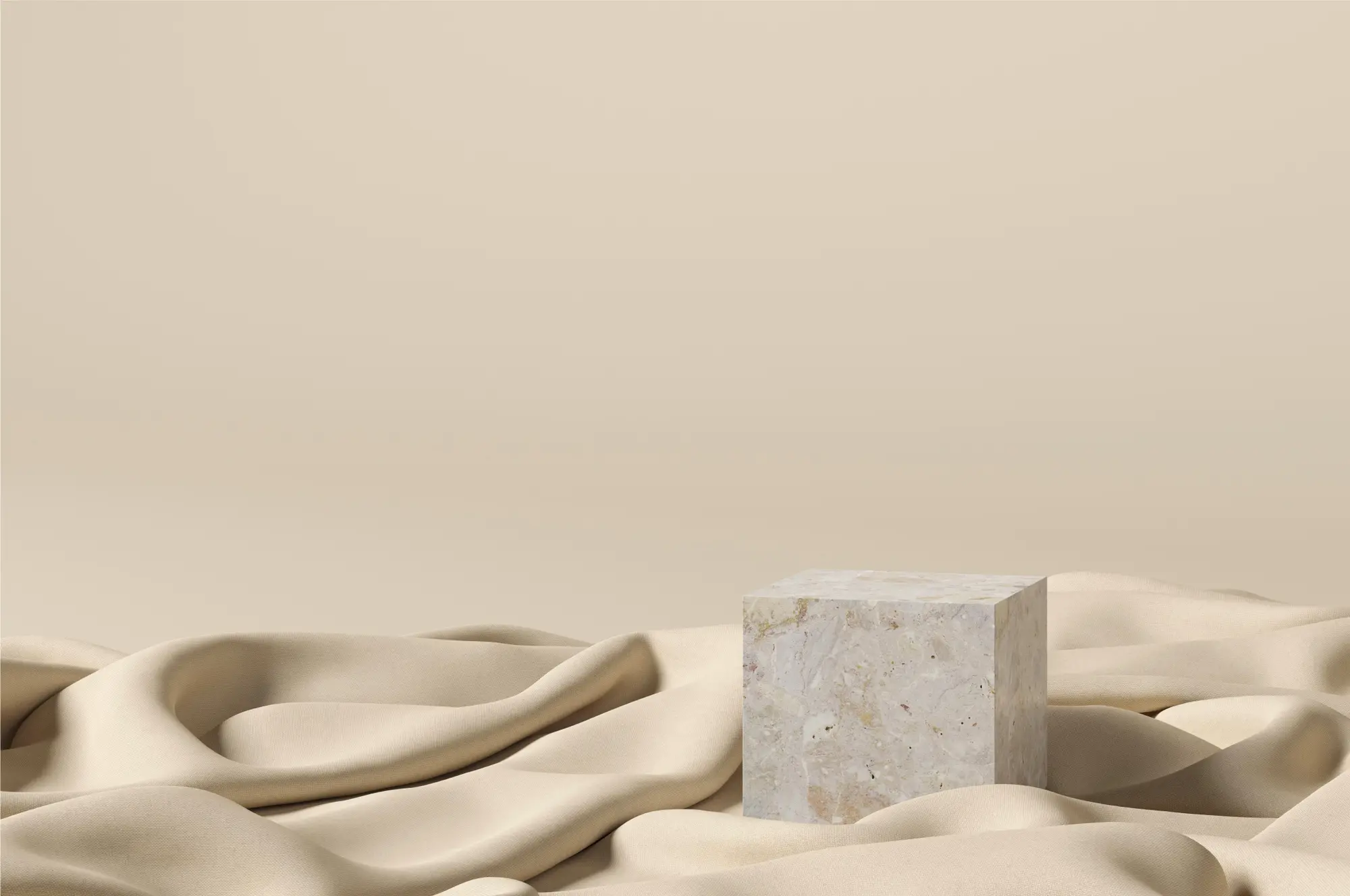 Imagen 3D de material de tela seda y de piedra sobre fondo color crema