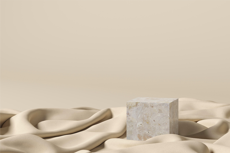 Imagen 3D de material de tela seda y de piedra sobre fondo color crema