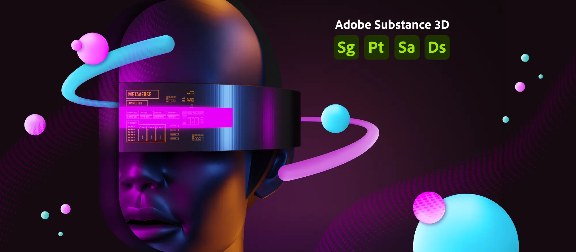 Imagen 3D con fondo morado, mitad de rostro de una persona con gafas de realidad virtual y elementos tecnologicos