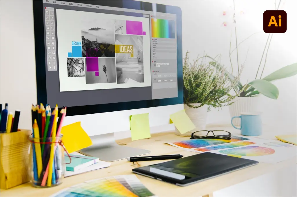 monitor de pc sobre una mesa con lapiceros de colores en la interfaz de Adobe Illustrator 