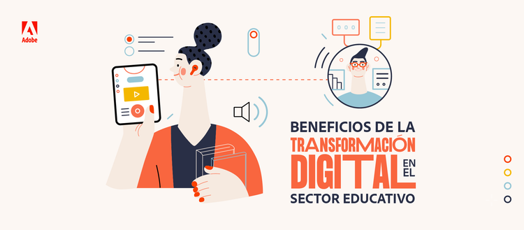 Ilustracion de una mujer con un libro, una pantalla, un circulo con una persona y elementos de transformacion digital