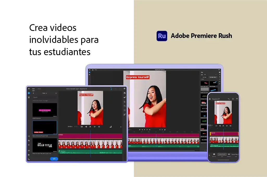 interfaz de premiere rush proyectada en un monitor de pc, ipad y telefono celular en ejecucion la edicion de un video de una mujer joven con vestido rojo