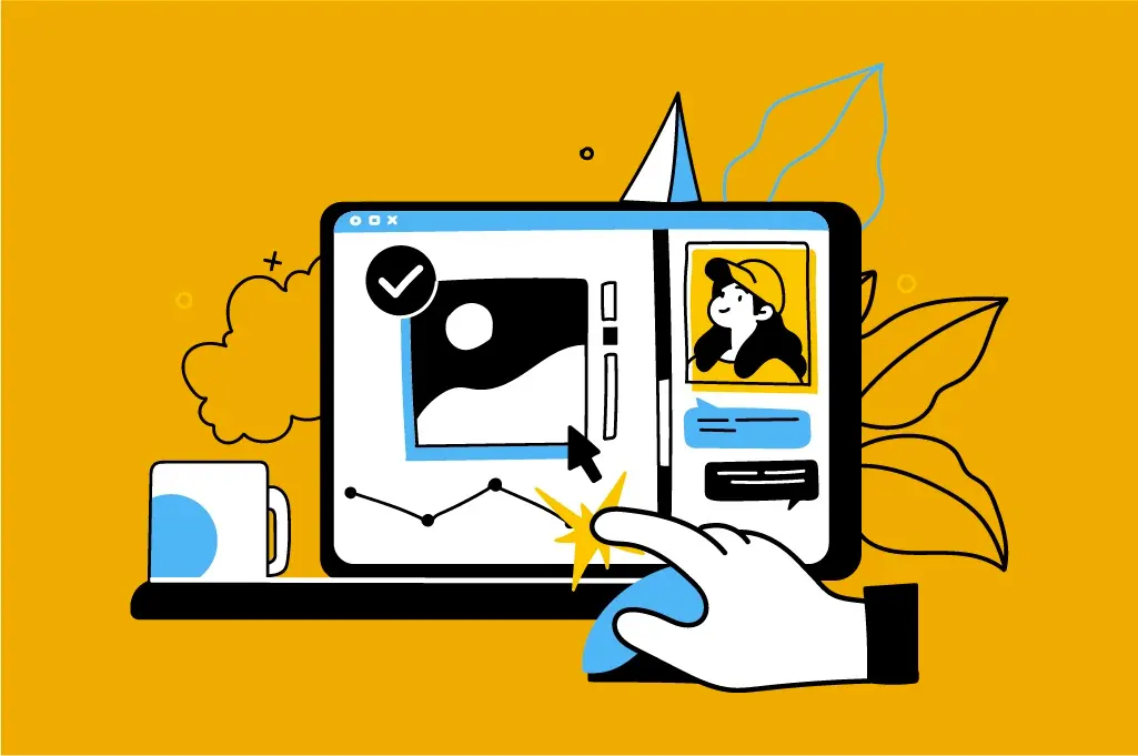 ilustracion de una mano humana dando clic a un mouse frente a un computador portatil