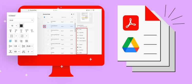 ilustracion de el monitor de un pc combinando archivos de Google Drive con Document Cloud