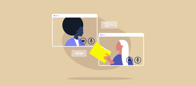 Ilustracion de dos cuadros de videollamada, en una persona con el pelo afro y en la otra una persona con pelo blanco