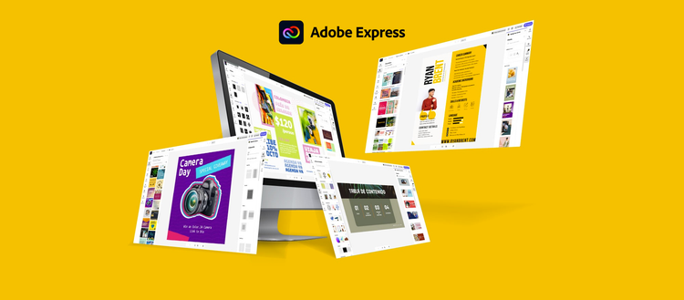 ilustracion de la pantalla de un mac con la unterfaz de adobe express sobre al rededor de la pantalla ventanas de edicion