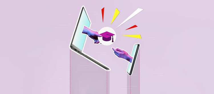 ilustracion de un computador y un celular de los cuales salen de sus pantallas dos manos humanas para sostener un sombrero de graduacion