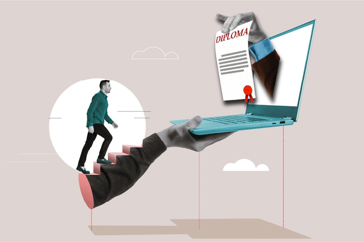 ilustracion de un hombre subiendo unas escaleras en foma de mano humana para alcanzar un diploma que sobresale de la pantalla de un computador