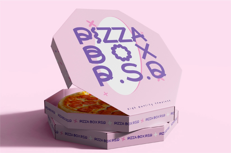 Mockup de una caja de pizza rosada con letras moradas