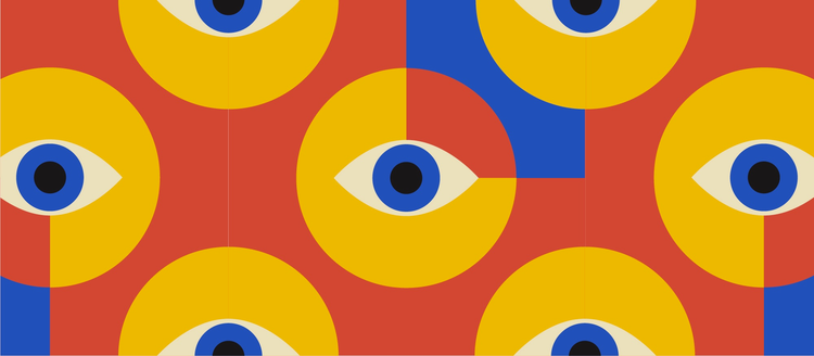 Diseno de un ojo en el centro con figuras geometricas al fondo rojas azules y amarillas