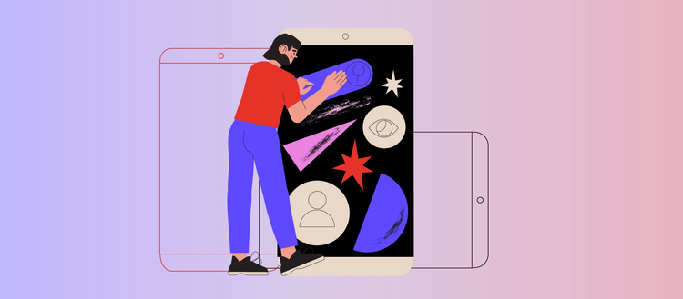 Ilustracion de una persona con camiseta roja y pantalon azul, agregando el icono de buscar a un celular que tiene otros elementos como un ojo o el icono de persona, para hablar de diseno movil