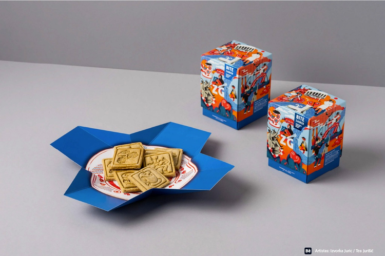 Diseno de empaque para galletas, hecho con ilustraciones en carton que se abre como plato