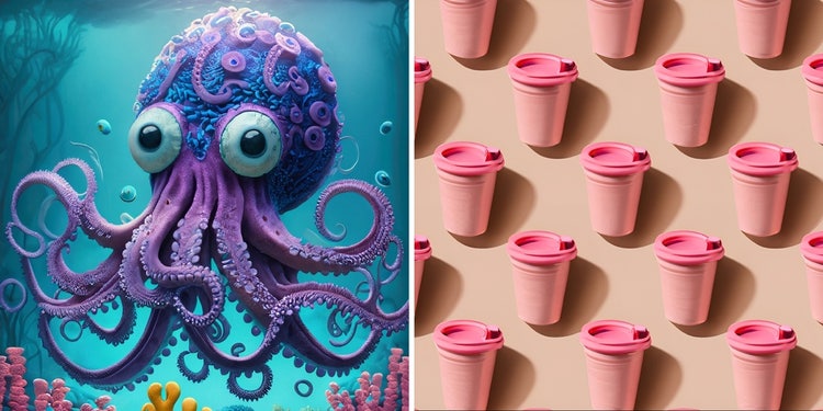 Image of a purple octopus and pink cups generated using Adobe Firefly.
