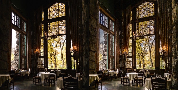 A collage of a room with tables and chairs