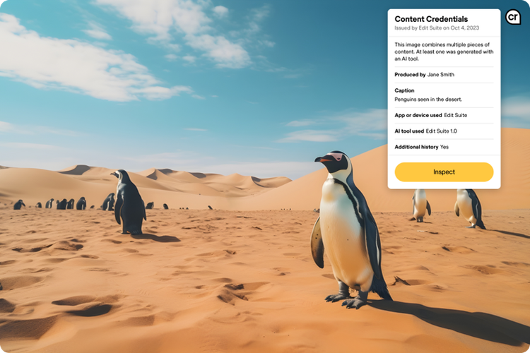 Image of penguins walking in the desert sand with Content Credentials.