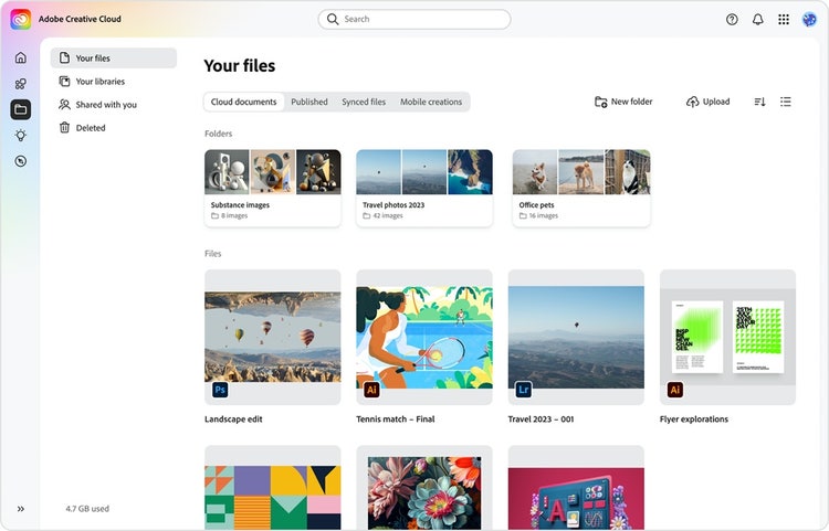 The Spectrum 2 design for the Creative Cloud “Your files” page logged-in view, featuring examples of user folders and files of images from different Creative Cloud apps, including Photoshop and Illustrator.