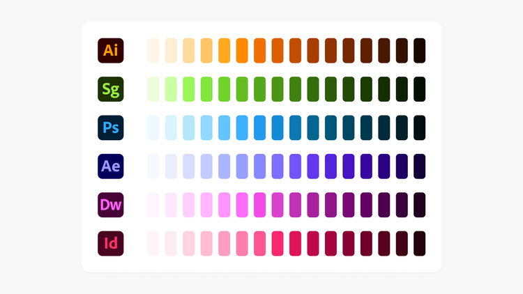 A column of six Adobe product logo tiles including Illustrator, SpeedGrade, Photoshop, After Effects, Dreamweaver, and InDesign, each with a row of their related color gradients.