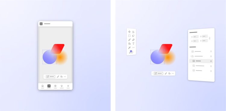 Side-by-side composite of an anonymized product user interface. First, how some Spectrum 2 components may look in a mobile interface. Then, in mixed reality.