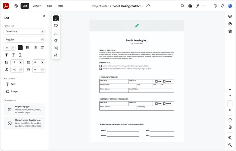 The Spectrum 2 design for the Adobe Acrobat document editor on web, showing a illustrative example of an open PDF form entitled “Bodea Leasing Inc. Emergency Info”.